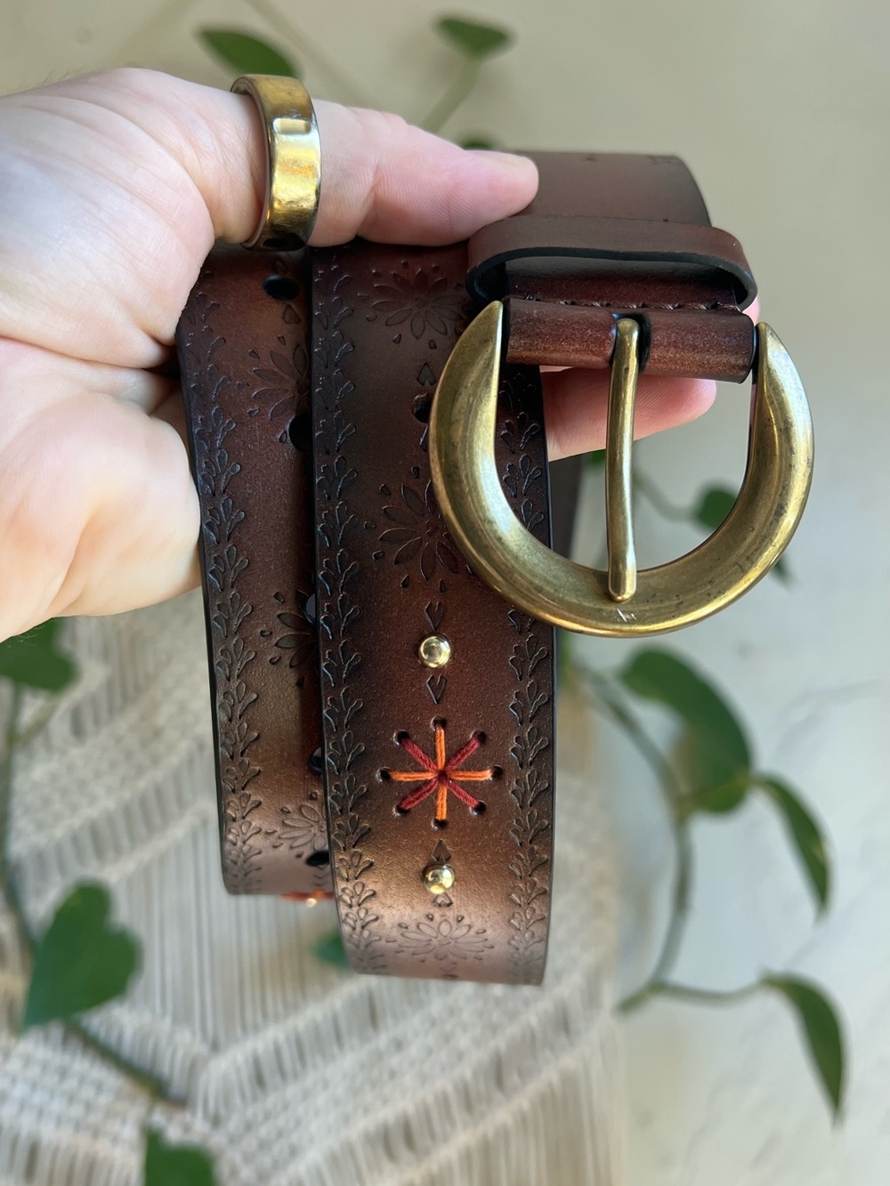 Brown Genuine Leather Western Boho Belt Floral Embroidered Brass Buckle 43" XL